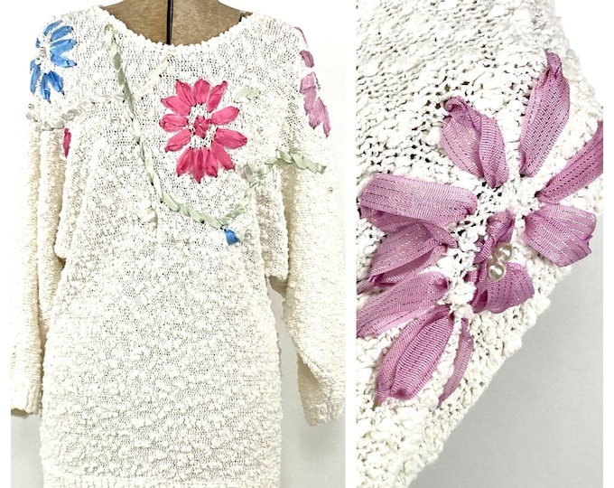 80s White Pastel Nubby Knit Sweater Floral Ribbon Embellishment Pearl Beaded Dolman Sleeve Boho Vintage Dress Sweater Top Xs S M