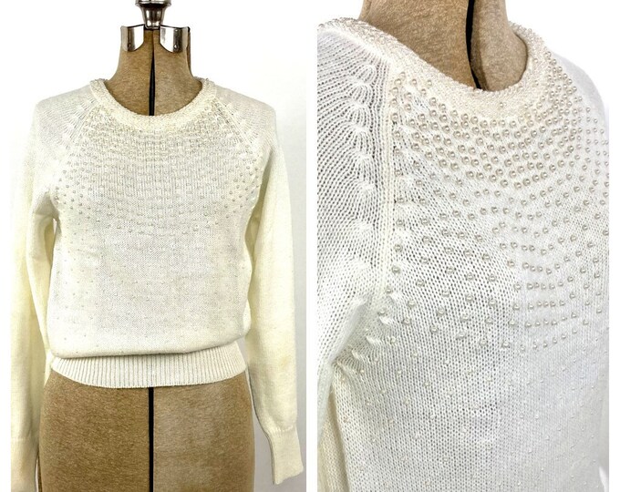 80s White Pearl Beaded Sweater Ivory Embellished Glam Dress Sweater Boho Vintage Preppy Knit Cream Sweater Top Xs S