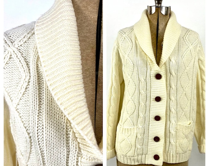 70s Cream Hand Knit Cable Knit Chunky Wool Blend Cardigan Shawl Sailor Collar Off White Sweater Ivory Long Cream Vintage Jacket Xs S M