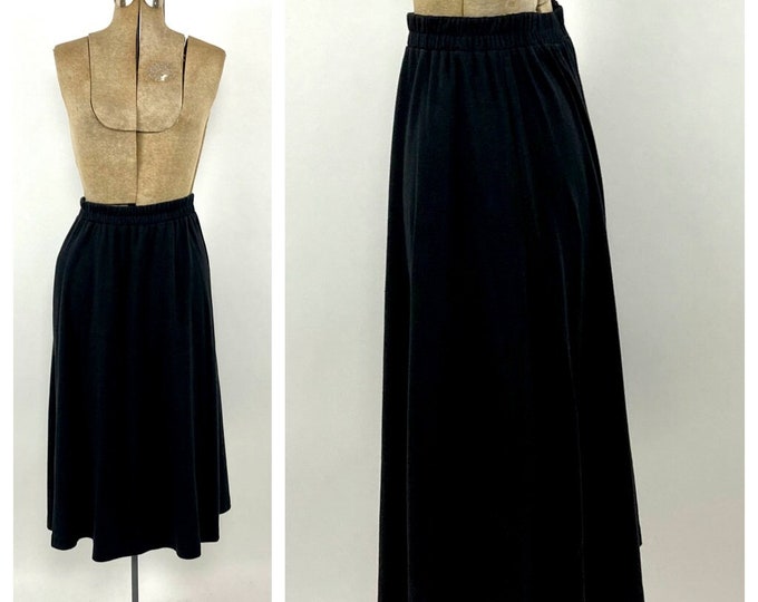 90s Black Cotton Knit Full Skirt Elastic Waist Vintage Dress Midi Skirt