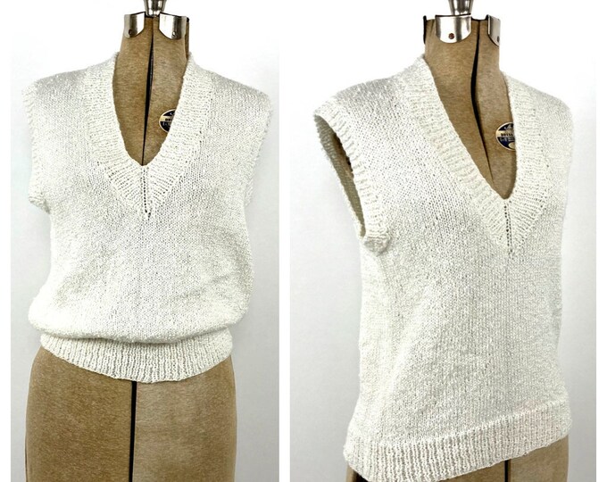 70s White Nubby Knit V Neck Sweater Vest Boho Academia Preppy Vintage Dress Pullover Xs S M