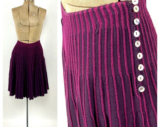 80s Purple Striped Metallic Knit Button Skirt Vintage Dress Skirt