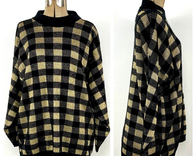 80s Black Gold Checkered Metallic Glam Oversized Vintage Dress Top Sweater