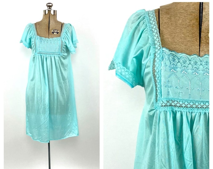 80s Teal Grecian Goddess Mini Nightgown Dress Sheer Empire Floral Embroidered Tent Dress Boho Hippie Party Vintage Sundress Sun Dress Xs S