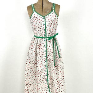 70s Lanz White Dress Apple Novelty Print Sundress Sweetheart V Neck Midi Dress Button Down Party Vintage Sun Dress XS/S