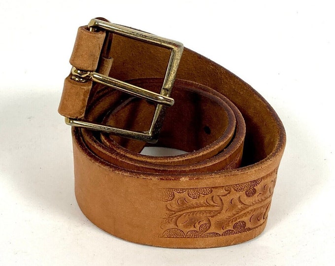 70s Tooled Wide Leather Belt Tan Big Buckle Belt Distressed Brown Leather Belt Leaves Designer Belt Vintage Statement Belt S M