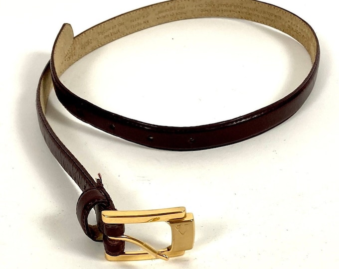 80s Skinny Leather Belt Liz Claiborne Gold Buckle Belt Brown Leather Vintage Designer Belt XS S M