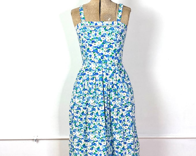 70s Lanz Blue Dress White Ditsy Floral Romantic Midi Sundress Cottagecore Prairie Party Dress Open Back Criss Cross Vintage Sun Dress XS/S