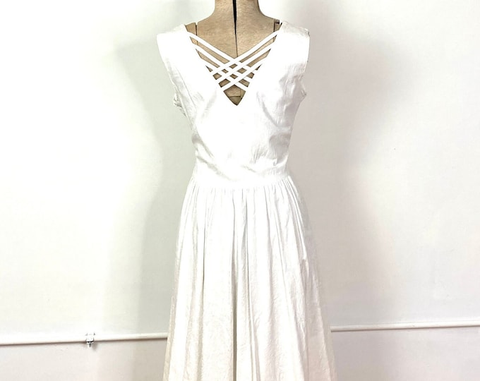 70s Lanz White Cottagecore Cotton Dress Ethereal Brocade Caged Dress Open Back Angelic Maxi Dress Vintage Boho Sundress M/L
