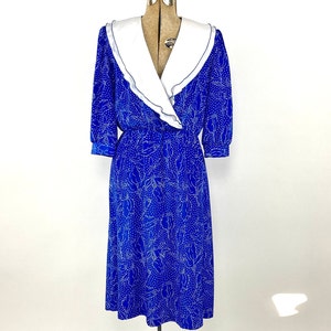 80s Blue White Ruffle Day Dress Floral Print Big Collar Dress Party Vintage Abstract Elastic Waist Dress S M