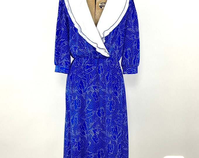 80s Blue White Ruffle Day Dress Floral Print Big Collar Dress Party Vintage Abstract Elastic Waist Dress S M