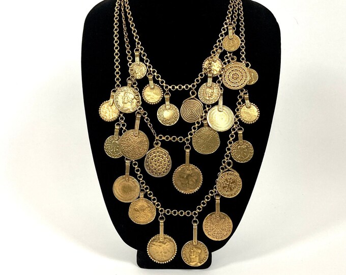 70s Yves Saint Laurent Coin Necklace Iconic YSL Medallion Charm MultiChain Layered Gypsy Grecian Goddess Bib Necklace Designer Roger Scemama