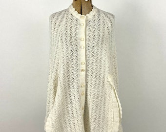 70er Jahre Creme Handstrick Poncho Knopf Cape Decke Poncho Boho Vintage Strick Schal Pullover Jacke Xs S M