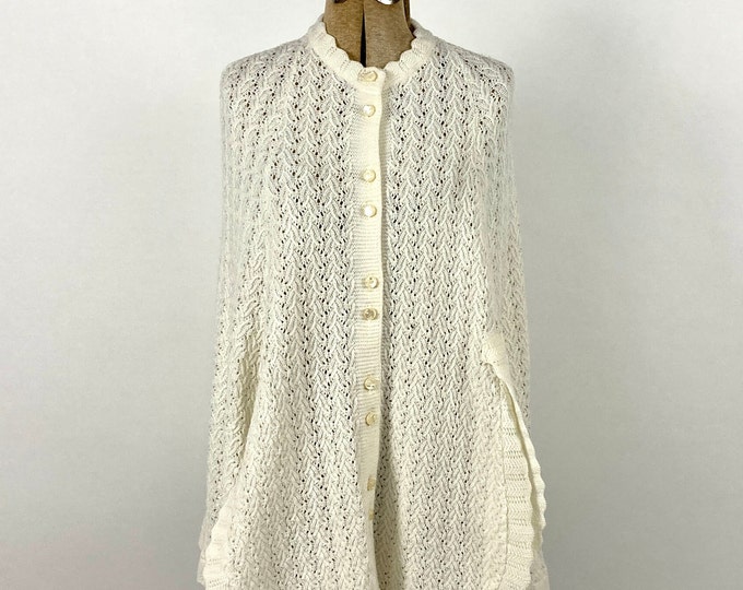 70s Cream Hand Knit Poncho Button Cape Blanket Poncho Boho Vintage Knit Shawl Sweater Jacket Xs S M