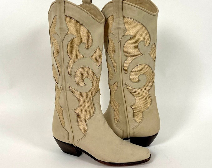 70s Cream Tall Leather Cowboy Boots High Heel Woven Mesh Cut Out Detail White Boho Vintage Hippie Lenni Boots 35 / 4.5 5