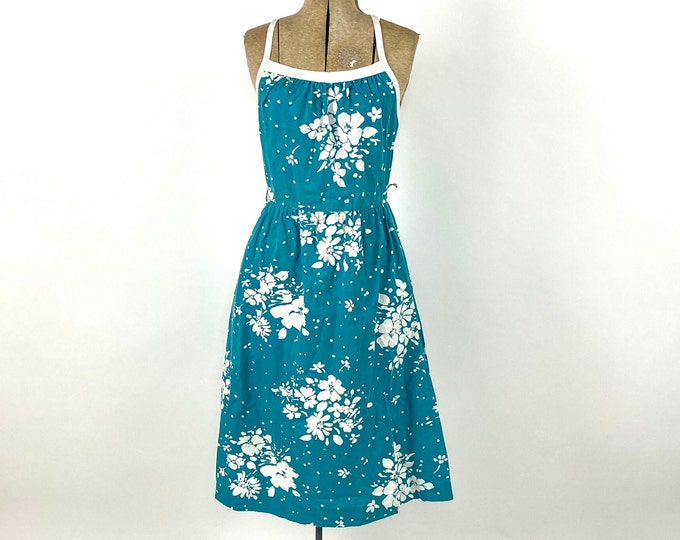 70s Lanz Teal Blue Floral Dress Green White Midi Sundress Garden Party Dress Open Back Criss Cross Party Vintage Sun Dress Xs S