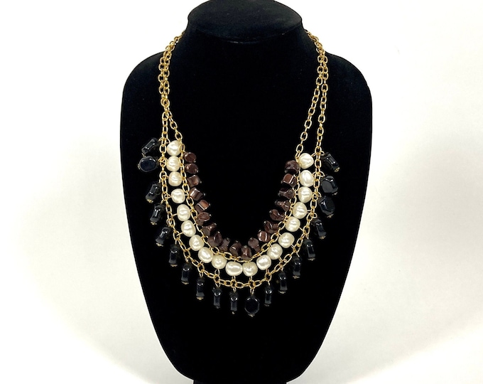 80s Gold Black Statement Necklace Pearl Beads Tribal Chains Grecian Goddess Multi-Strand Tiered Bib Necklace