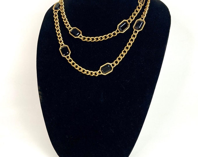 70s Yves Saint Laurent Gold Black Glass Necklace Iconic YSL Long Runway Designer Signed Necklace Bracelet