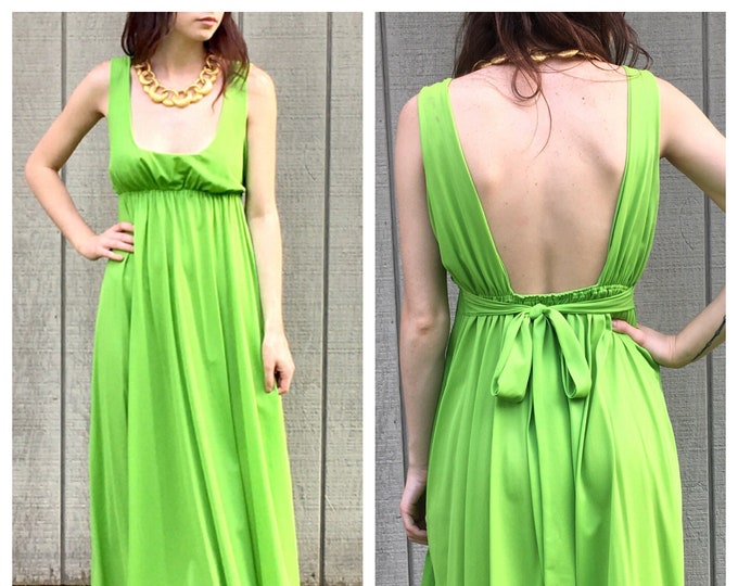 70s Lime Green Plunging Long Slip Dress Neon Green Empire Maxi Mod Party Vintage Dress XS S