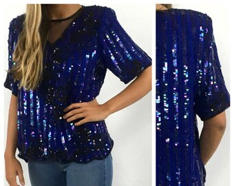 80s Blue Sequin Beaded Top Black Paisley Big Shoulder Glam Party Dress Top Xs S M