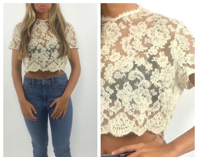 30s Off White Romantic Floral Lace Crop Top Cream Sheer Mesh High Neck Festival Top Bohemian Paisley Formal Party Blouse Shirt Xs S