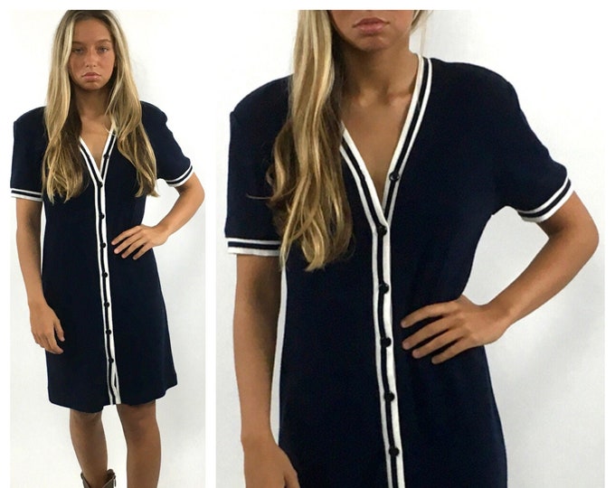 80s Navy Blue Sailor Striped Dress White Striped Button Down Midi Dress Knit Shift Day Vintage Sun Dress Xs S