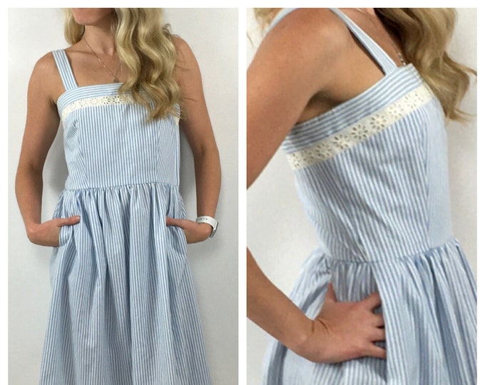 70s Lanz Midi Dress Blue White Seersucker Pinstripe Dress Eyelet Lace Floral Party Dress Open Back Striped Vintage Party Sun Dress XS S