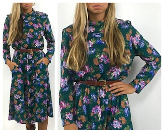 80s Green Floral Long Sleeve Dress Purple Full Skirt Midi Pockets Cotton Dress Party Vintage Xs S