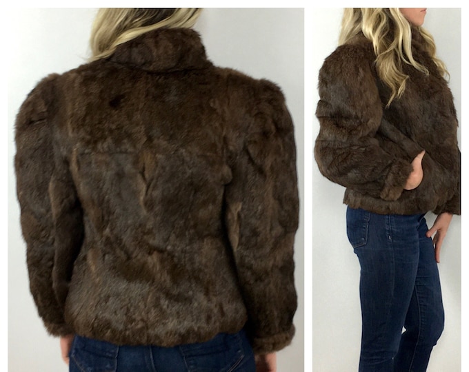 80s Brown Rabbit Fur Coat Cropped Bomber Glam Jacket Puff Rocker Big Shoulders Vintage Fur Xs S