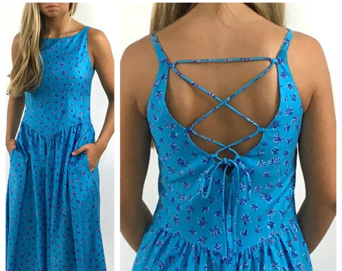 70s Lanz Blue Corset Dress Cut Out Open Back Dress Prairie Floral Sweetheart Party Dress Garden Party Pockets Vintage Sun Dress Xs S