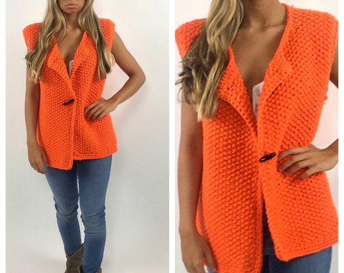 70s Bright Orange Crochet Knit Boho Vest Cardigan Festival Boxy Chunky Oversize Sweater Open Weave Slouch Cardigan Vintage Jacket Top Xs S M