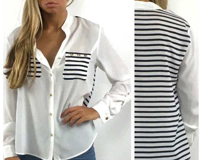 Y2K Blue White Striped Blouse Nautical Sheer Top Gold Button Up Sailor Pockets Vintage Top S M