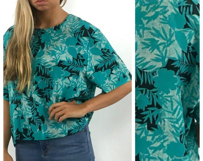 80s Turquoise Green Silk Crop Top White Black Leaf Print Top Tropical Tree Blouse Shirt Xs S
