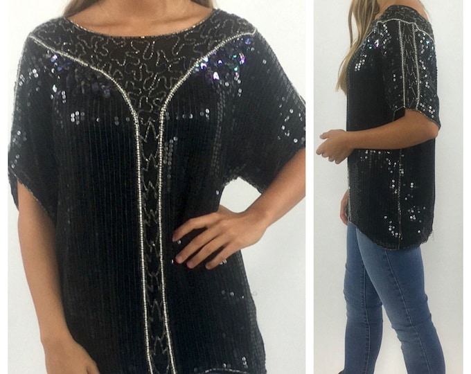 80s Black Beaded Sheer Top Silver Sequin Draped Striped Glam Top Long Mesh Party Dress Top Blouse Xs S M