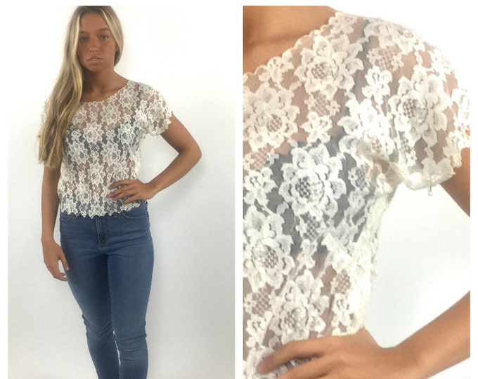 80s White Romantic Floral Lace Crop Top Pearl Tassel Sheer Festival Top Bohemian Formal Party Blouse Shirt Xs S