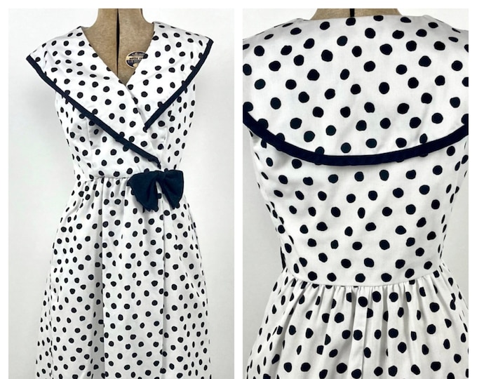 80s Lanz Polka Dot Dress Big Sailor Collar Pin Up Bow Dress Garden Party Dress Tea Party Vintage Black + White Sun Dress Xs S