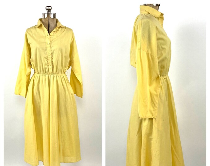 80s Yellow Day Dress Button Bodice Dolman Sleeve Dress Semi Sheer Shirtdress Party Vintage Dress S M