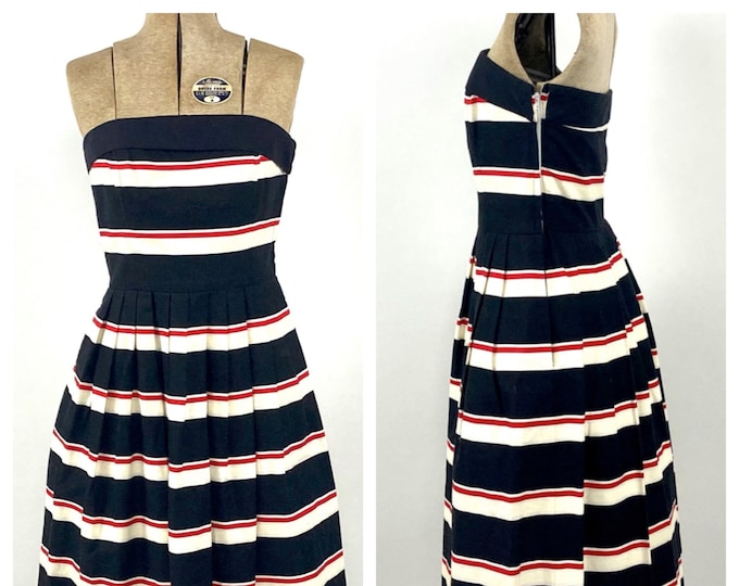 70s Lanz Midi Dress Navy Black White Strapless Dress Nautical Striped Party Dress Vintage Party Sun Dress Xs S