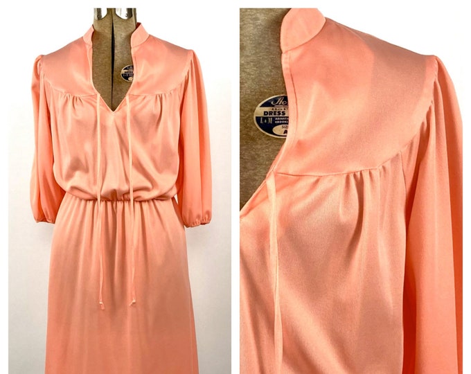 70s Peach Blouson Day Dress V Neck Tie Secretary Dress Elastic Waist Tea Party Midi Vintage Dress Xs S