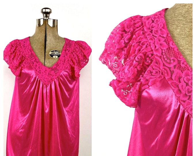 80s Bright Pink V Neck Lace Draped Flutter Sleeve Romantic Top Sheer Festival Bohemian Dress Party Blouse Shirt Xs S