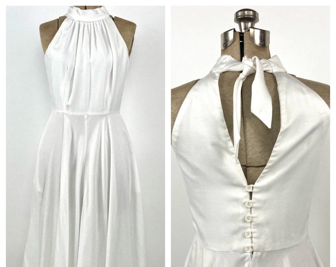 80s Lanz Dress High Neck Pin Up Sweeping White Dress Grecian Garden Party Dress Open Back Keyhole Tea Party Vintage Sun Dress Xs S