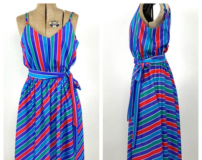 70s Purple Multi CHEVRON Sleeveless VNeck LANZ Striped Boho Hippie Party Sundress Vintage Sun Dress S M