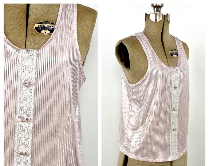 80s Pale Pink Grecian Tank Top Semi Sheer Striped Lace Nightgown Slip Top Blouse Boudoir Lingerie Romantic Festival Dress Party Shirt Xs S