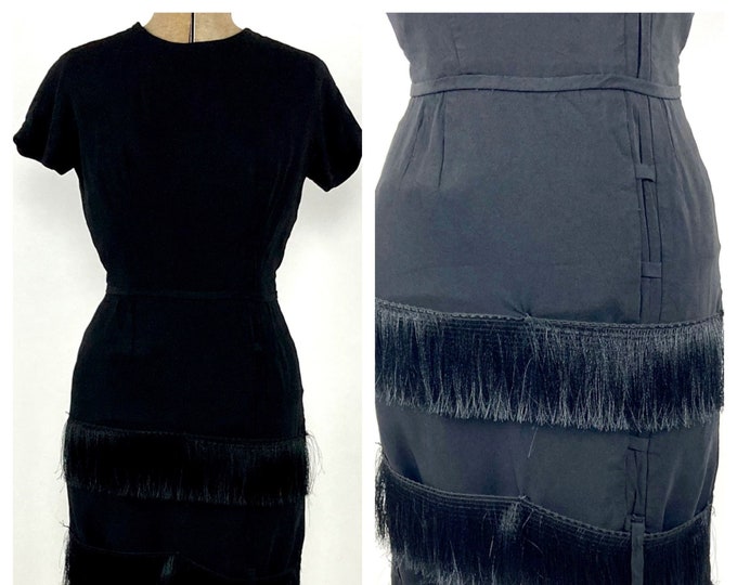 Vintage 1950s Black Fringe Dress Wiggle Cocktail Party LBD Midi Dress Xs S