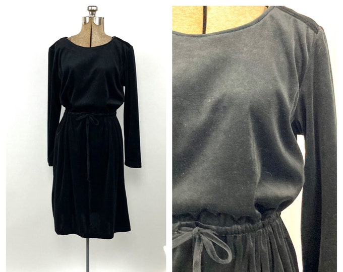 80s Black Velvet Drawstring Dress Long Sleeve Midi Dress Party Vintage Dress Xs S