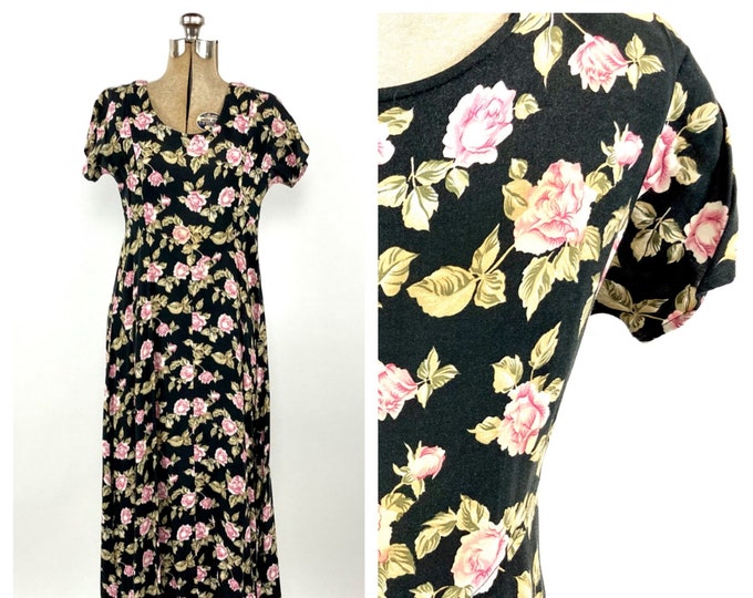 90s Pink Black Floral Maxi Dress Rose Print Cotton Dress Boho Hippie Tea Party Vintage Grunge Sundress Sun Dress S M