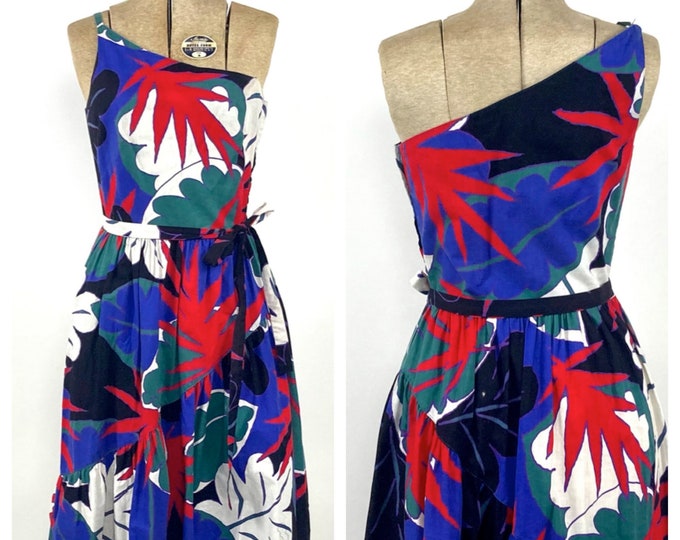 70s Lanz Blue Tropical Floral Cotton Dress One Shoulder Ruffle Dress Bright Vintage Boho Sundress XS S M