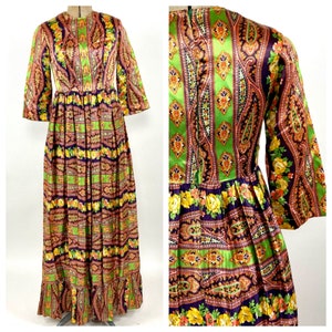 60s Floral Paisley Print Maxi Dress Bright Green Purple I - Etsy