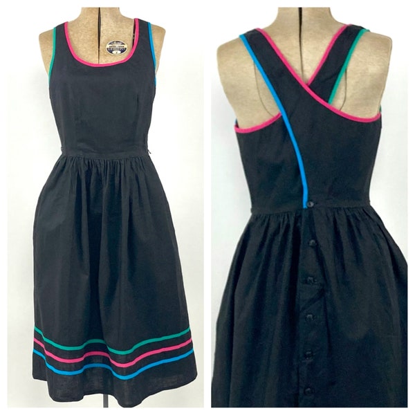 70s Lanz Black Neon Midi Dress Criss Cross Strappy Dress Cotton Button Down Dress Open Back Party Vintage Sun Dress Xs S