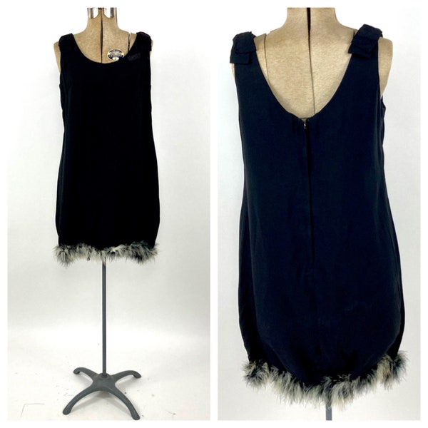 Vintage 1960s Black Shift Dress Marabou Feather Trim LBD Dress Bow Party Midi Dress S M